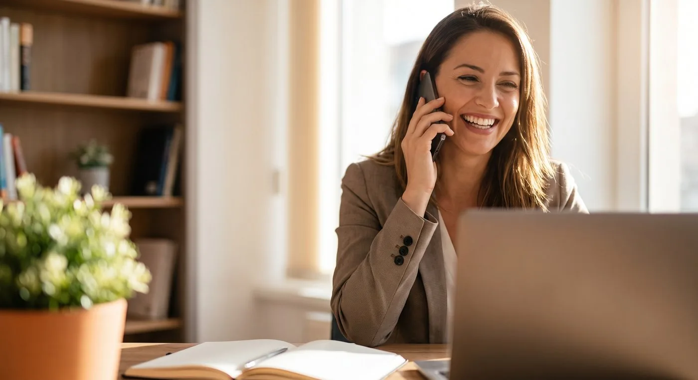 An agent smiling while calling a buyer