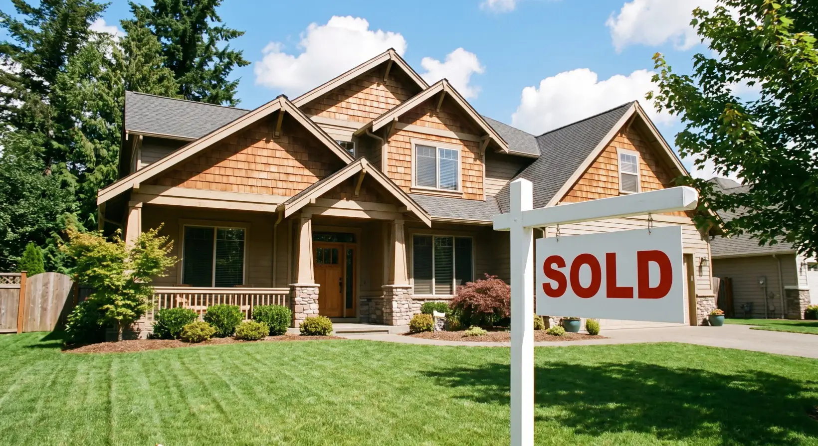 A house with a SOLD sign in the front yard