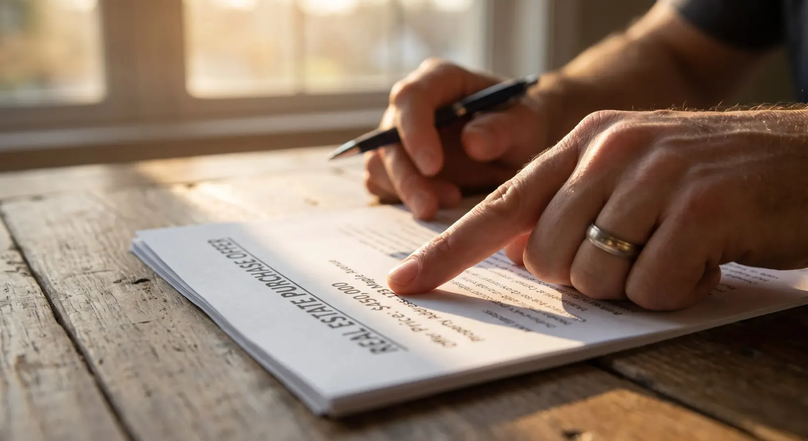 A hand reviewing a printed real estate offer