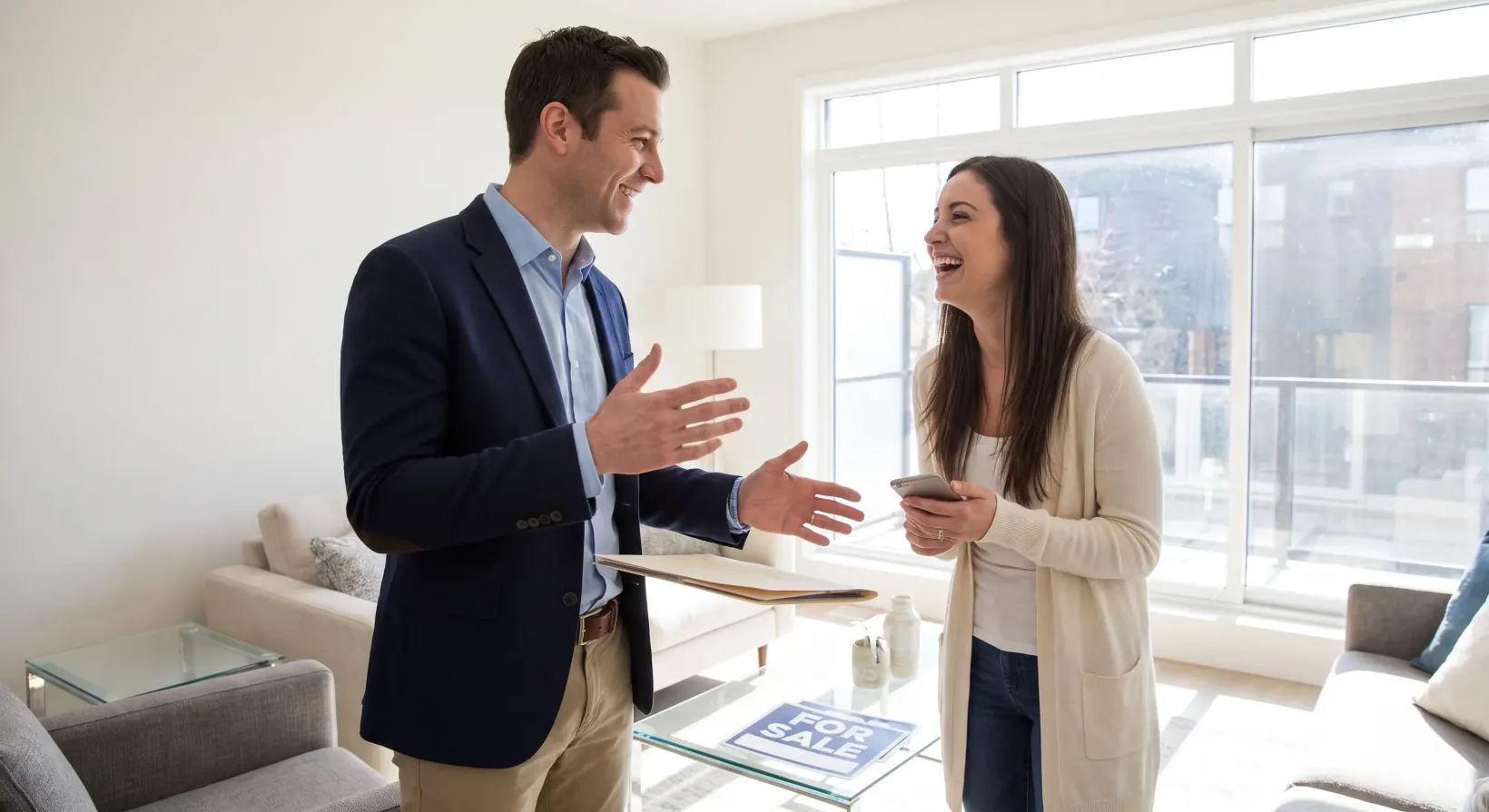 An agent and a buyer talking during a home showing