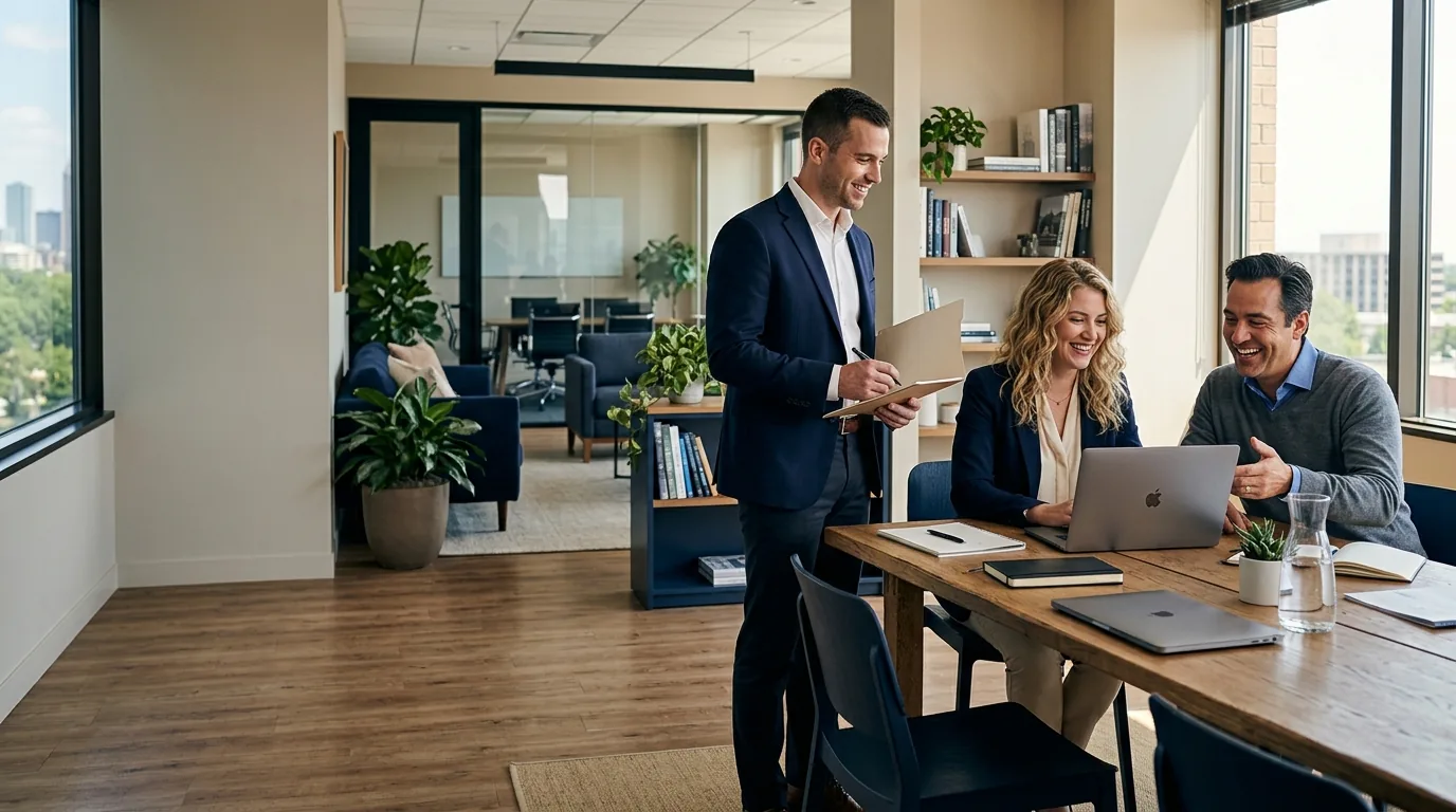 An agent sitting with two clients in a living room